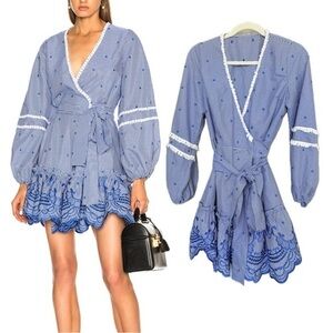 Alexis Alzena Blue White V-neck Long Sleeve Mini Dress S